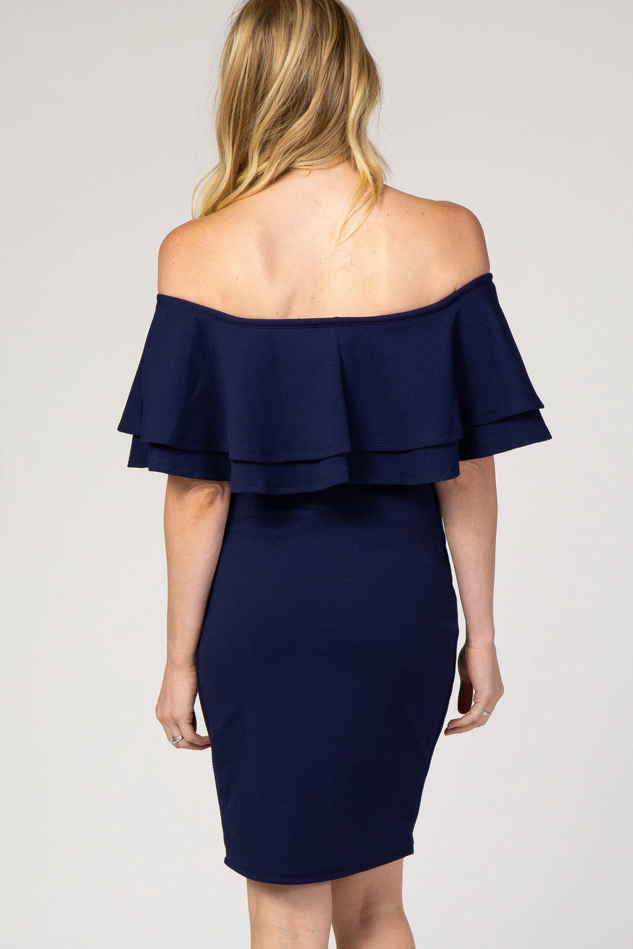 Navy Ruffle Off Shoulder Ruched Maternity Dress sold by Pinkblush product image thumbnail 3