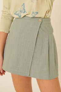 Sage Woven Front Button Wrap Back Pleated Mini Skirt sold by Pinkblush