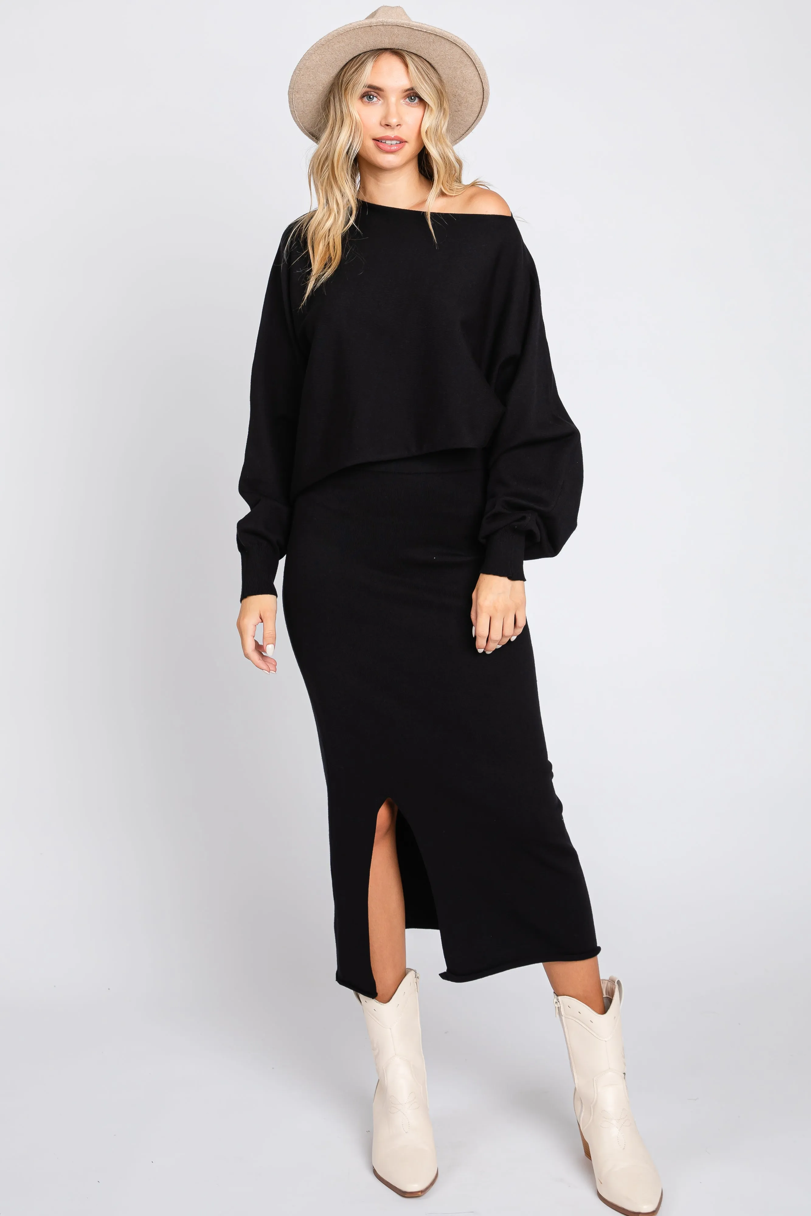 Black Knit Long Sleeve Crop Top Midi Skirt Set sold by Pinkblush product image thumbnail 4