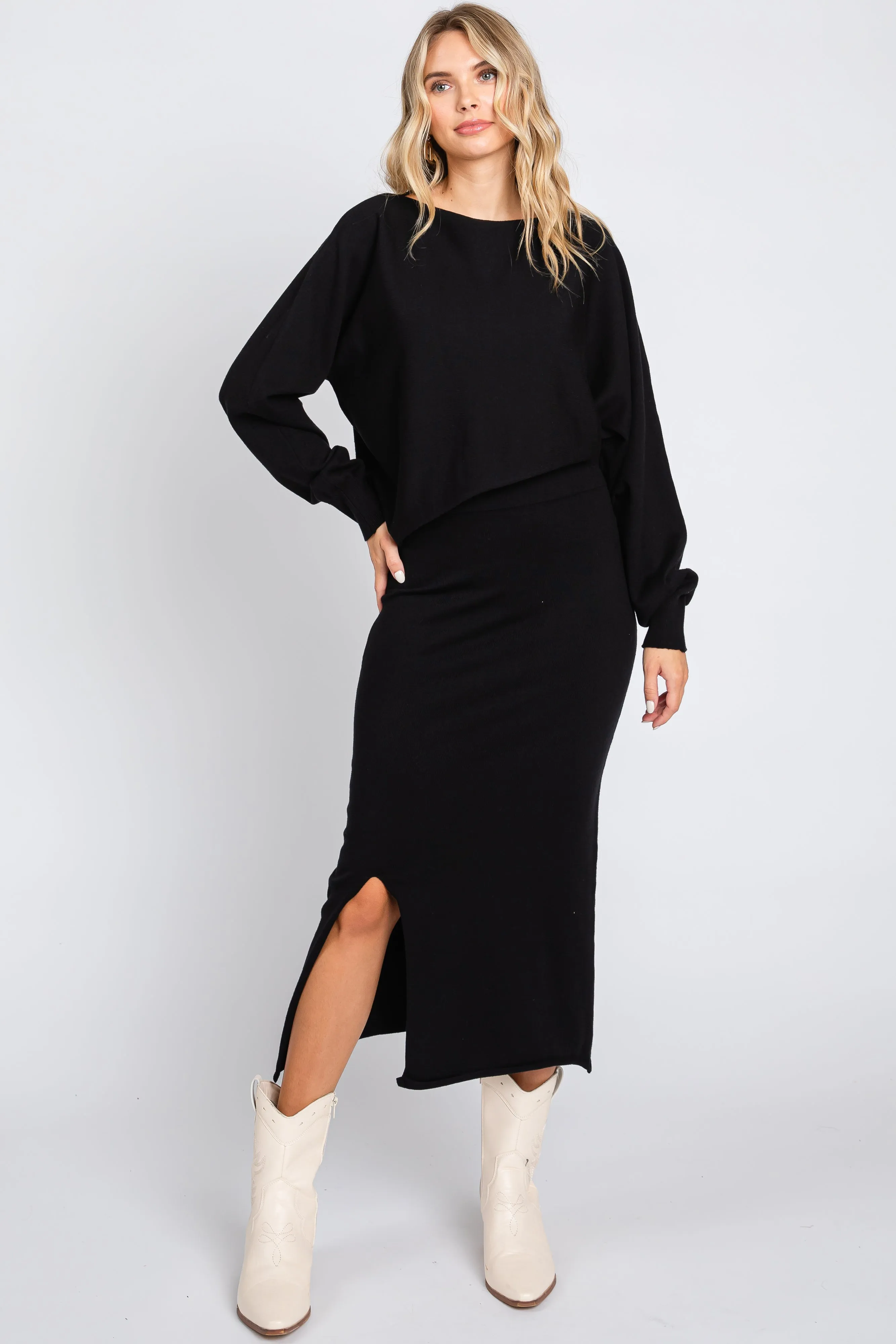 Black Knit Long Sleeve Crop Top Midi Skirt Set sold by Pinkblush