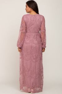 PinkBlush Mauve Lace Mesh Overlay Long Sleeve Maternity Maxi Dress sold by Pinkblush