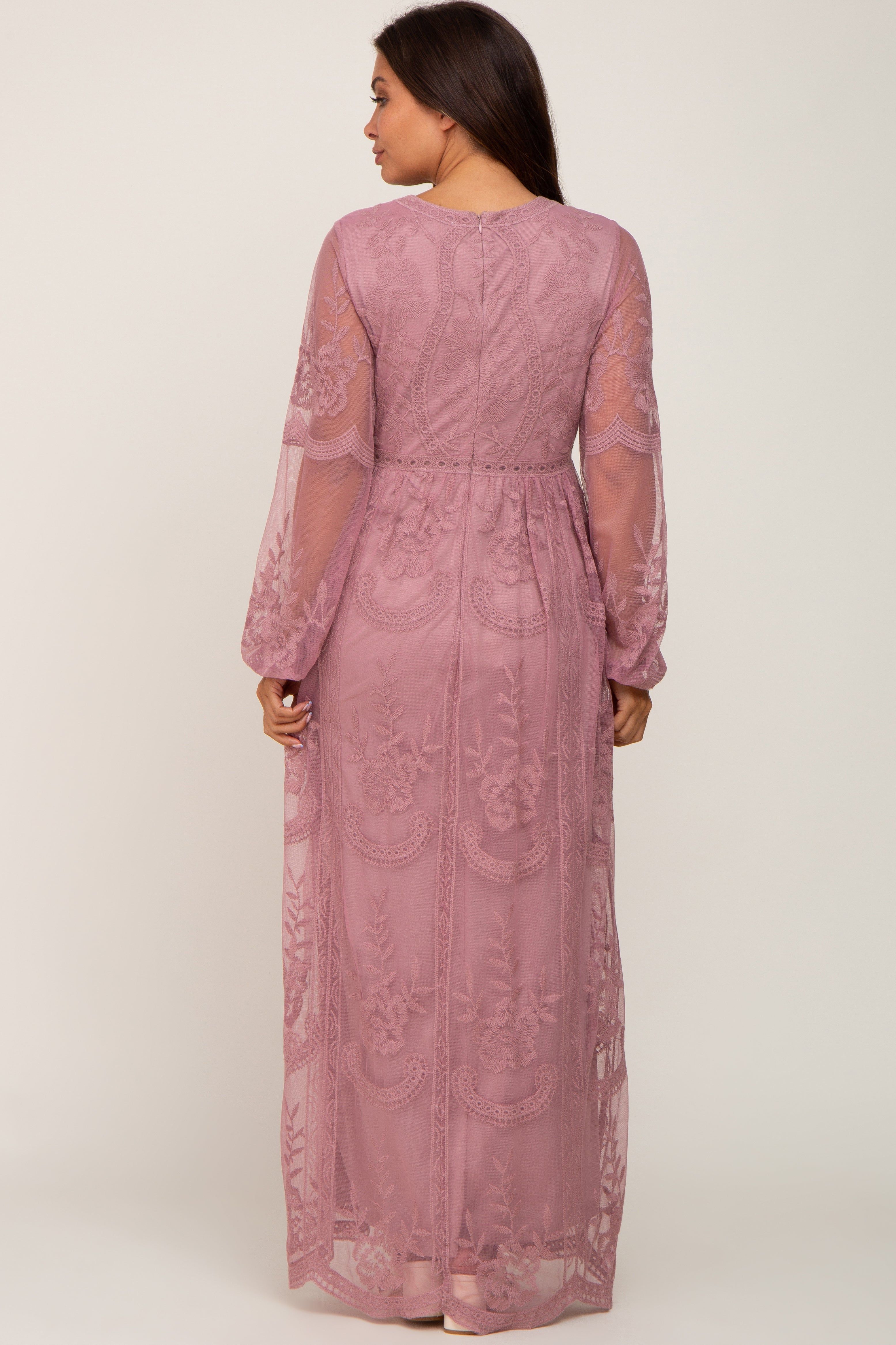 PinkBlush Mauve Lace Mesh Overlay Long Sleeve Maternity Maxi Dress sold by Pinkblush product image thumbnail 3