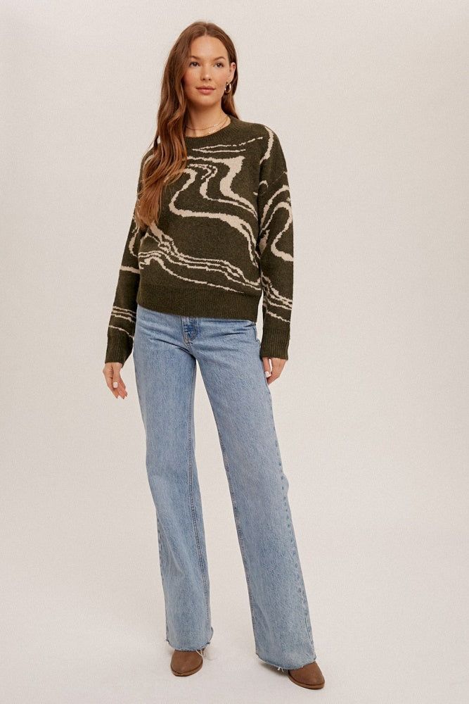 Dark Olive Round Neck Marble Print Pullover Sweater sold by Pinkblush product image thumbnail 5