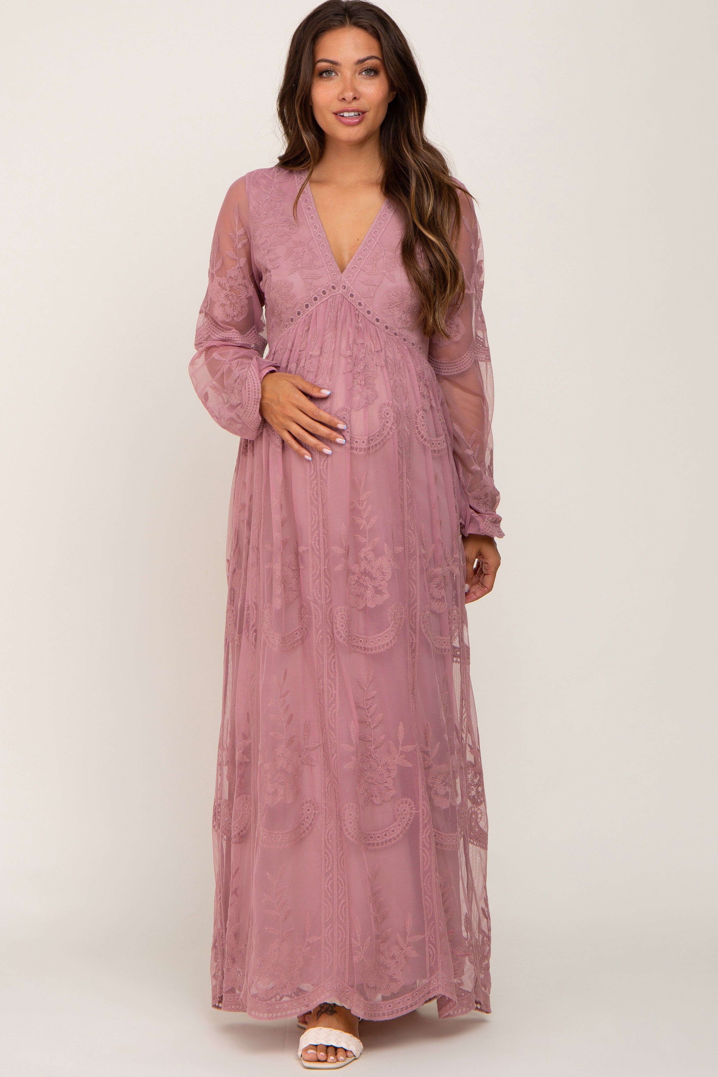 PinkBlush Mauve Lace Mesh Overlay Long Sleeve Maternity Maxi Dress sold by Pinkblush