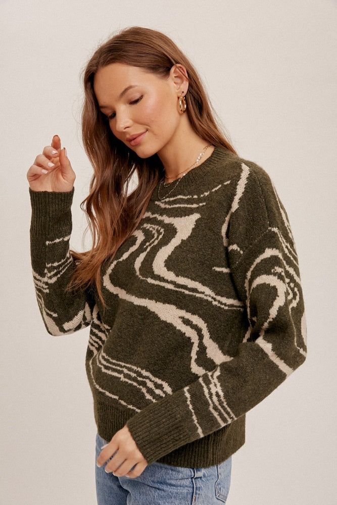 Dark Olive Round Neck Marble Print Pullover Sweater sold by Pinkblush product image thumbnail 3