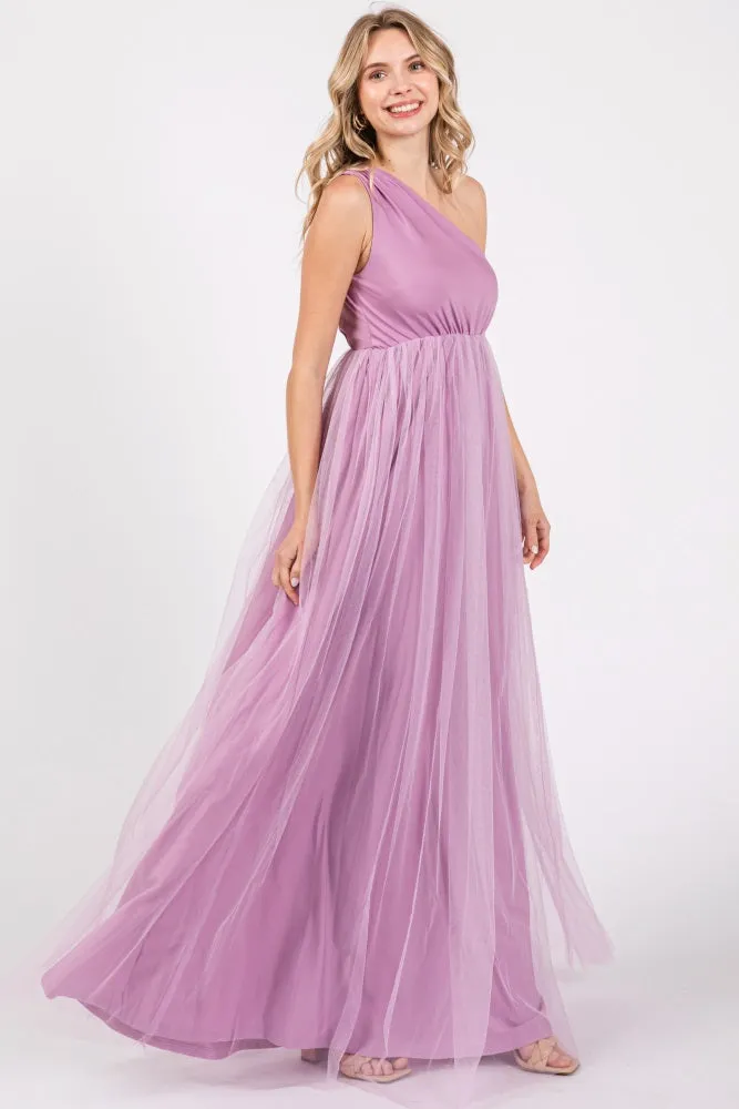 Lavender One Shoulder Tulle Maxi Dress sold by Pinkblush