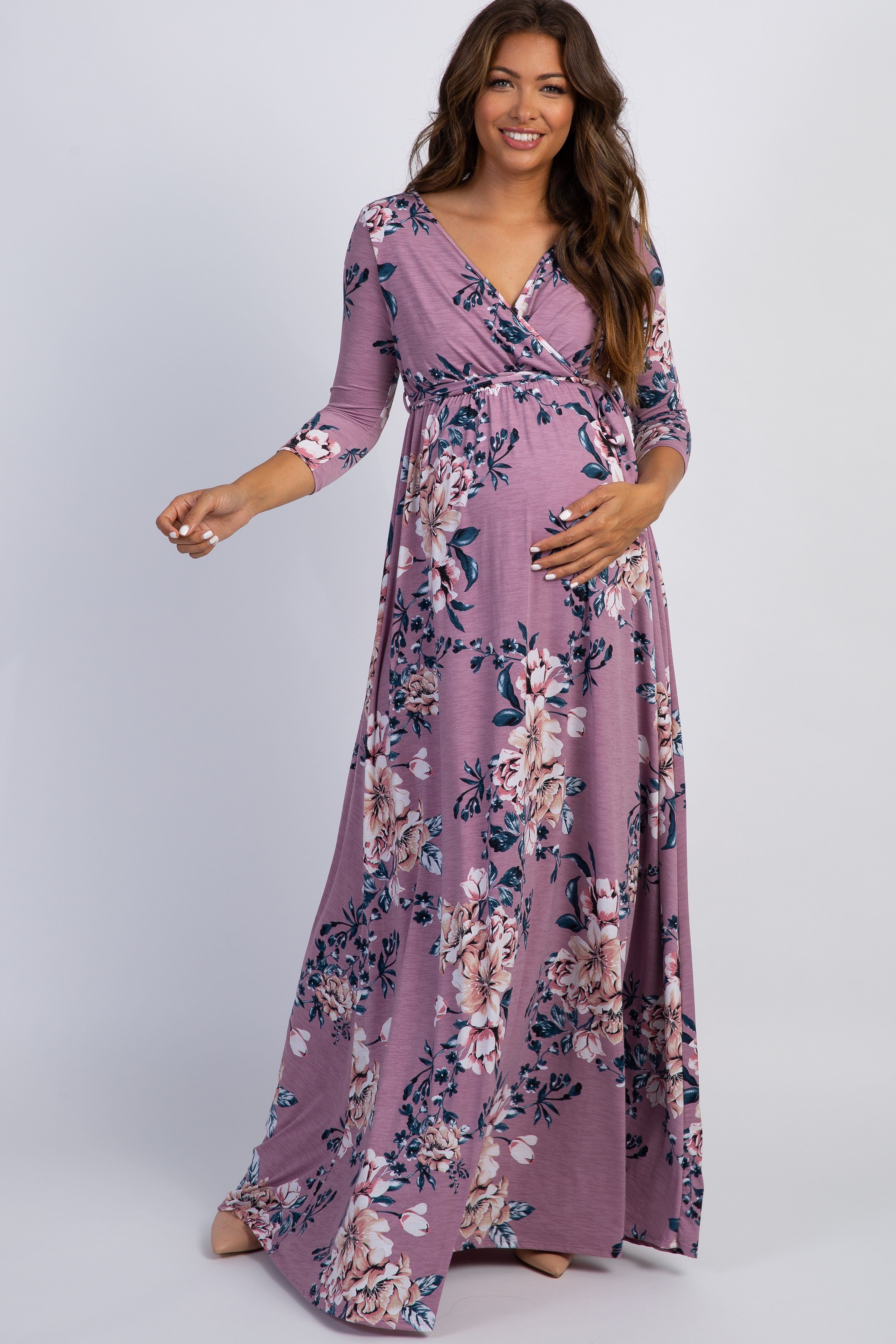 PinkBlush Pink Floral Sash Tie Maternity/Nursing Wrap Maxi Dress sold by Pinkblush