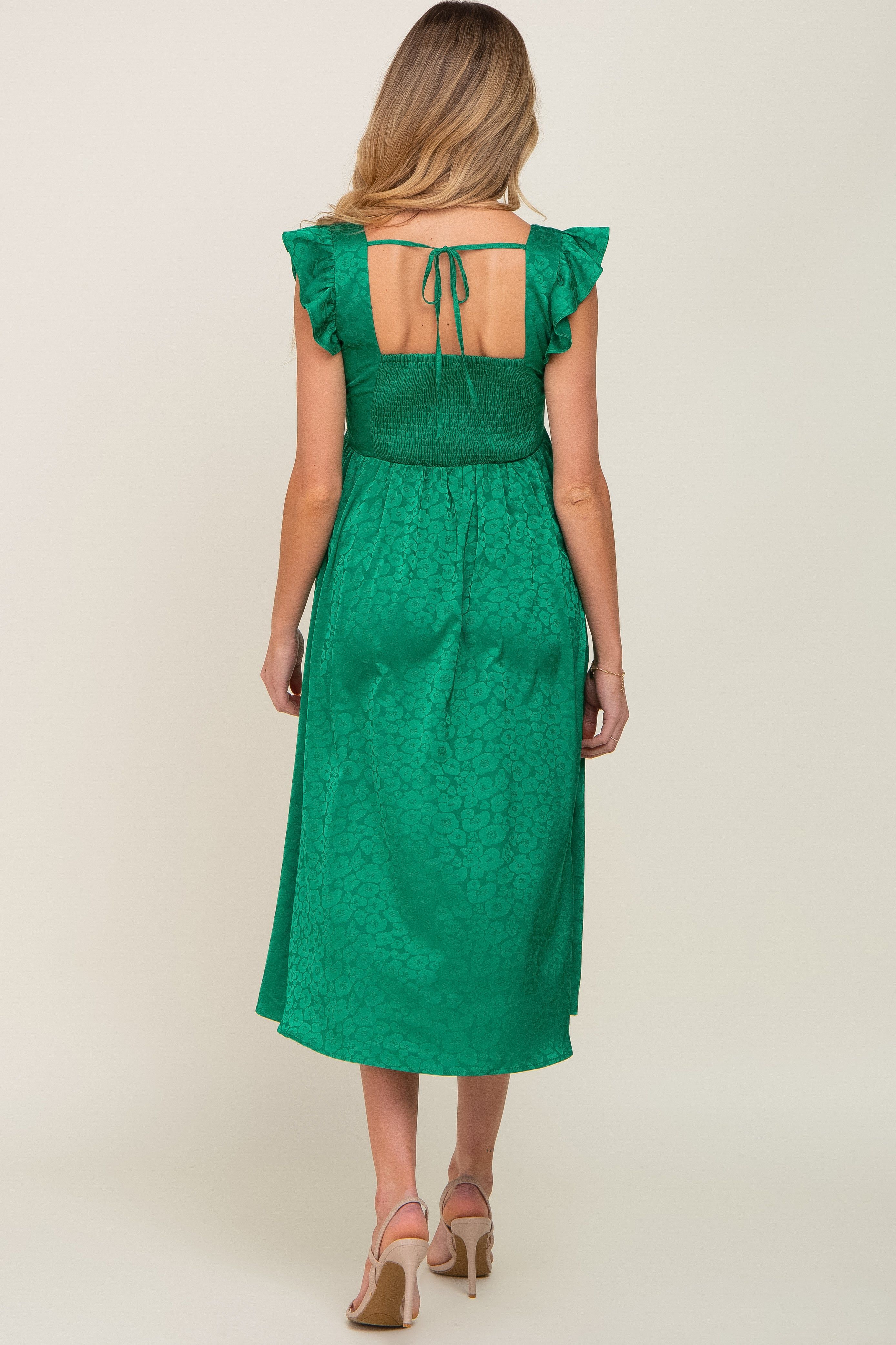 Green Satin Floral Square Neck Ruffle Strap Maternity Midi Dress sold by Pinkblush product image thumbnail 3