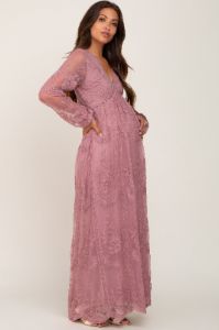 PinkBlush Mauve Lace Mesh Overlay Long Sleeve Maternity Maxi Dress sold by Pinkblush