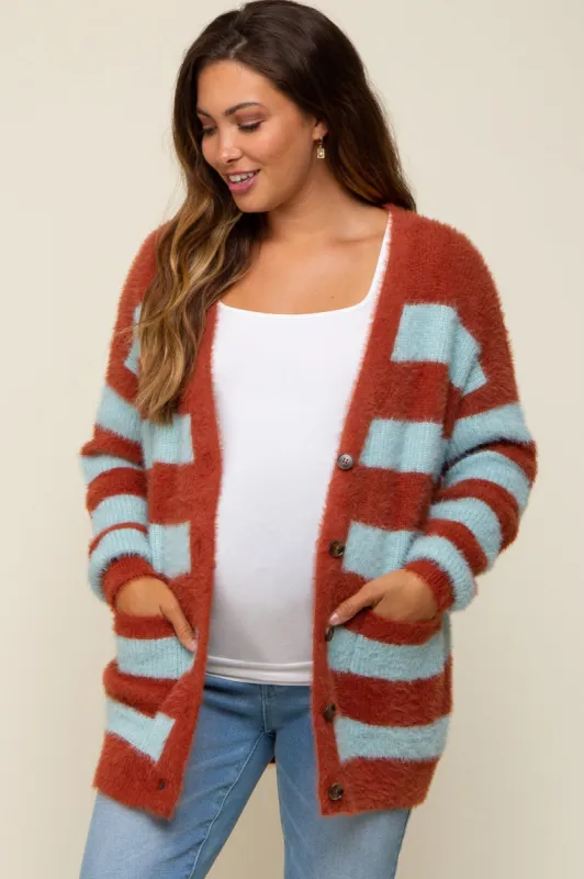 Light Blue Striped Fuzzy Maternity Cardigan sold by Pinkblush