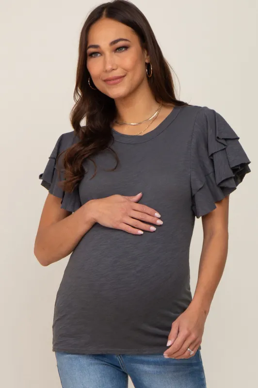Charcoal Ruffle Sleeve Maternity Top sold by Pinkblush