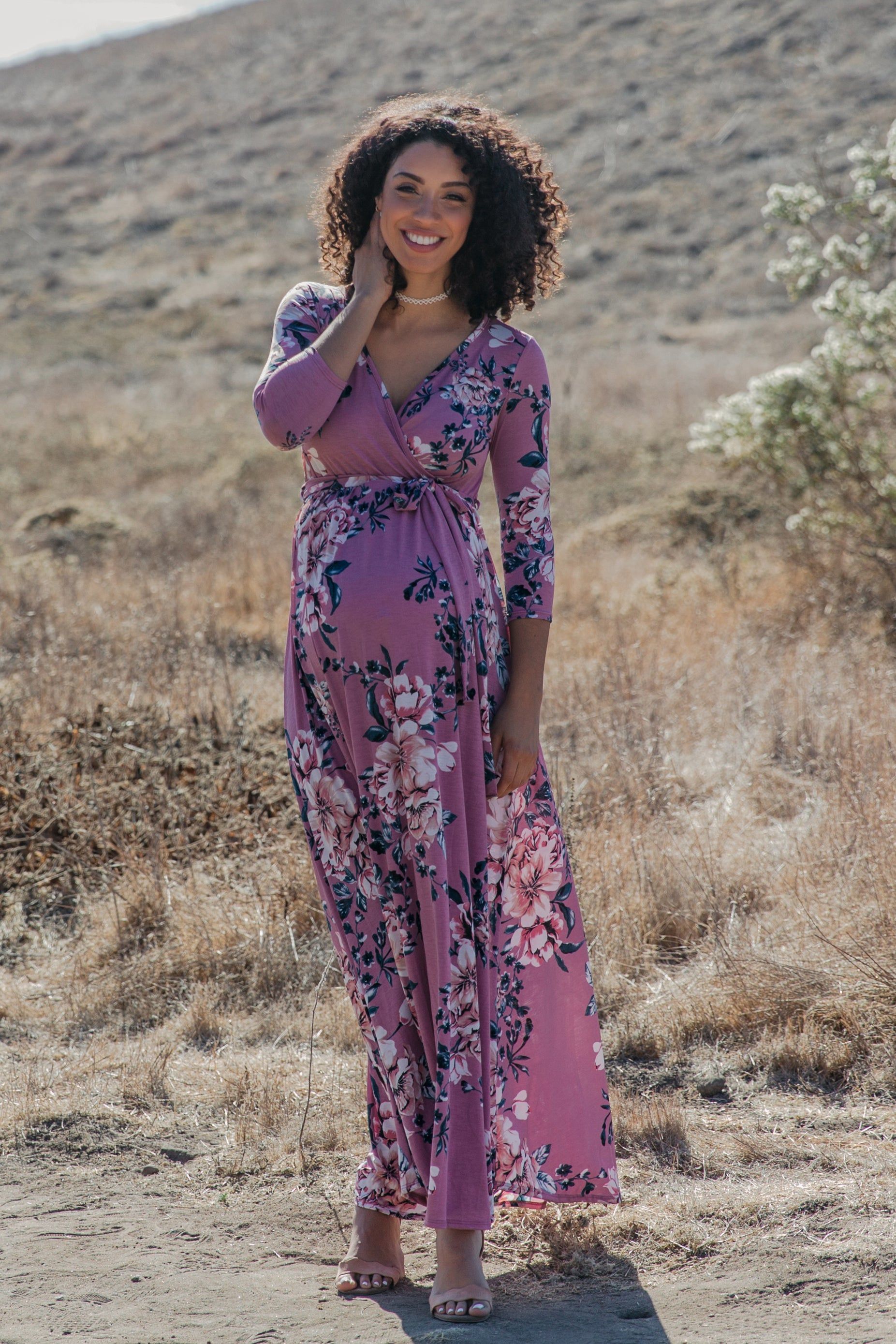 PinkBlush Pink Floral Sash Tie Maternity/Nursing Wrap Maxi Dress sold by Pinkblush product image thumbnail 5