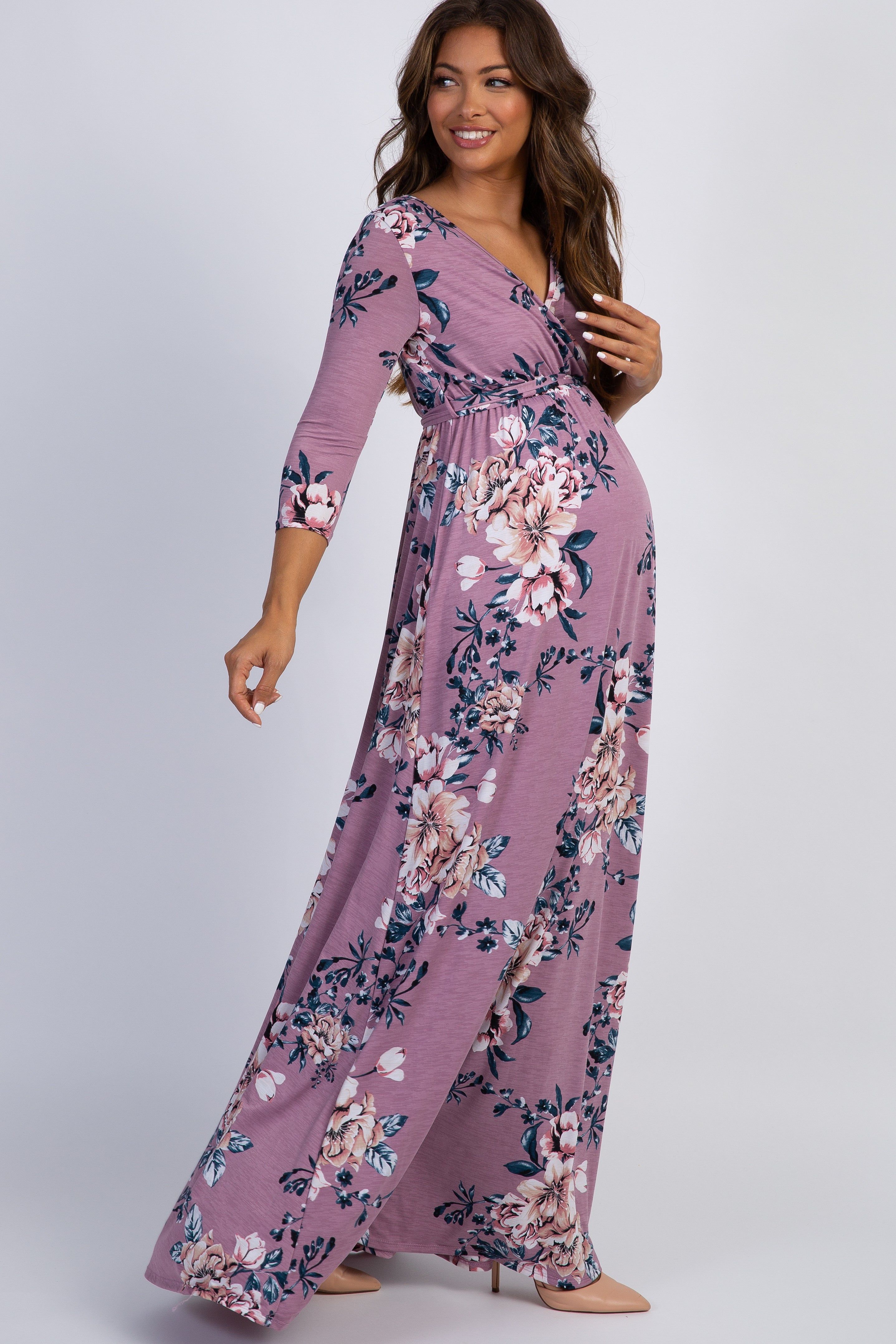 PinkBlush Pink Floral Sash Tie Maternity/Nursing Wrap Maxi Dress sold by Pinkblush product image thumbnail 2
