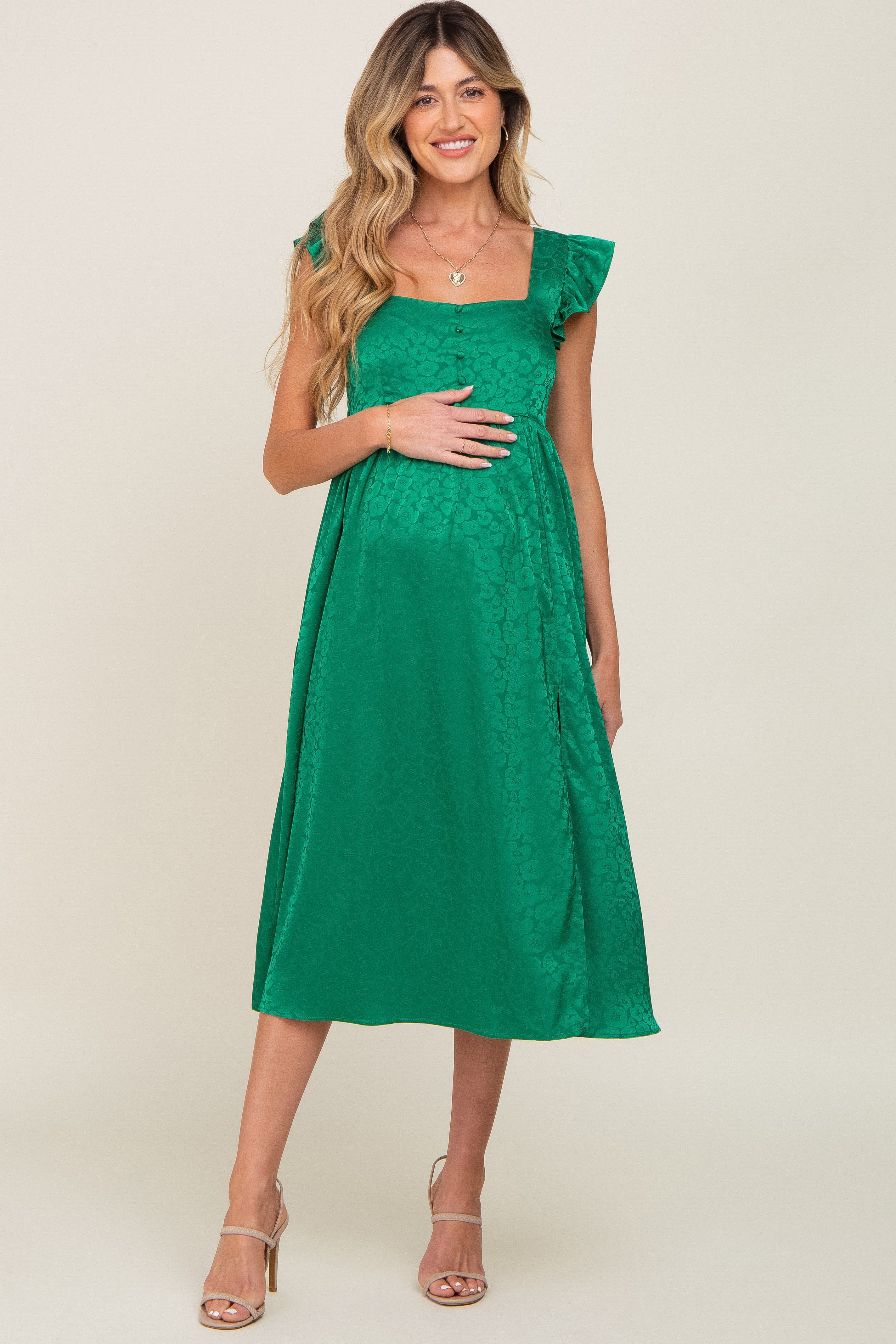Green Satin Floral Square Neck Ruffle Strap Maternity Midi Dress sold by Pinkblush