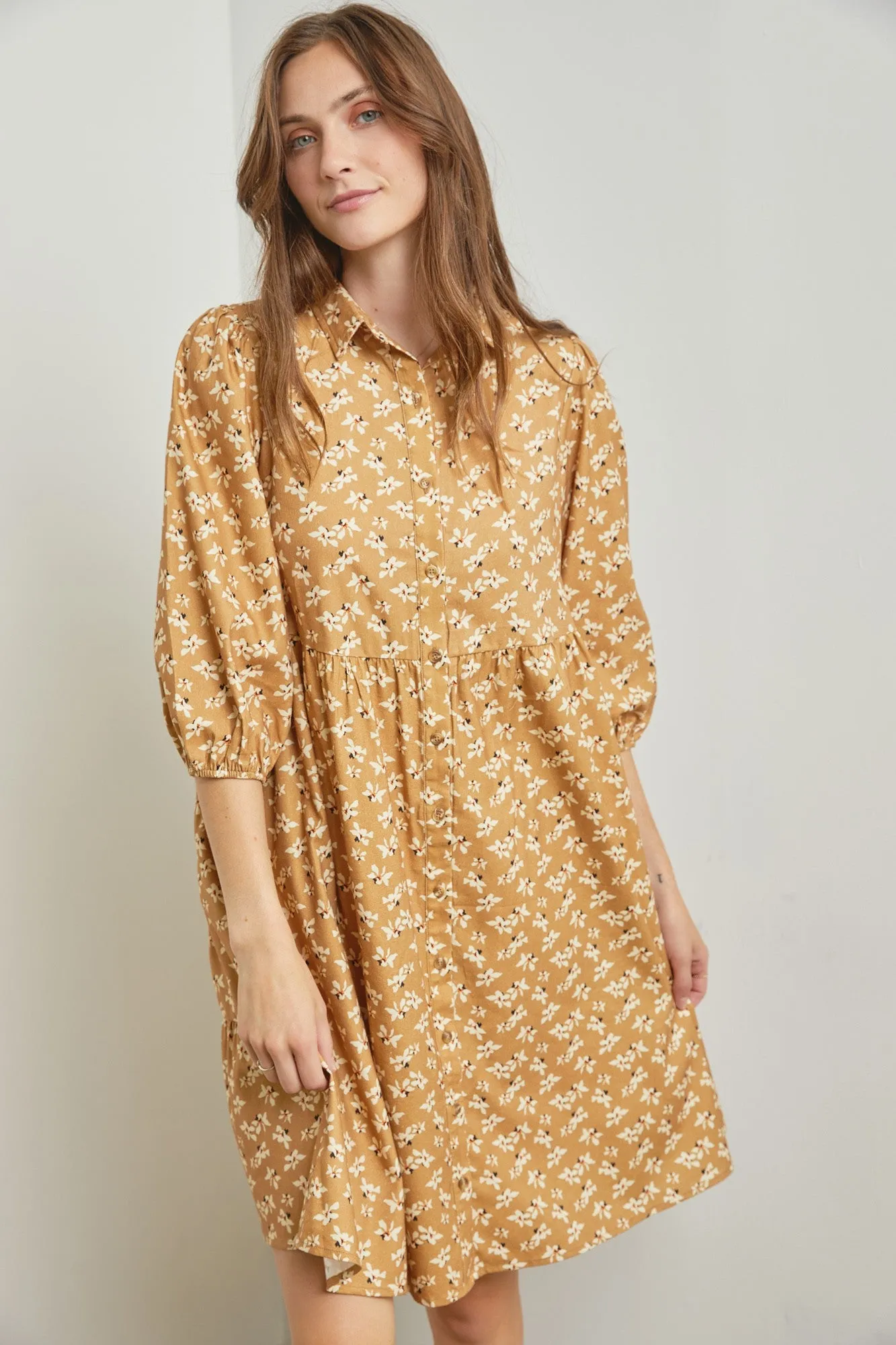 Camel Floral Button Front 3/4 Sleeve Dress sold by Pinkblush