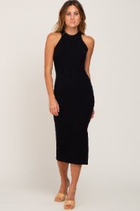 Black Ribbed Sleeveless Side Slit Midi Dress sold by Pinkblush