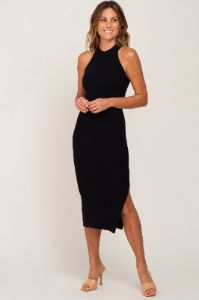 Black Ribbed Sleeveless Side Slit Midi Dress sold by Pinkblush