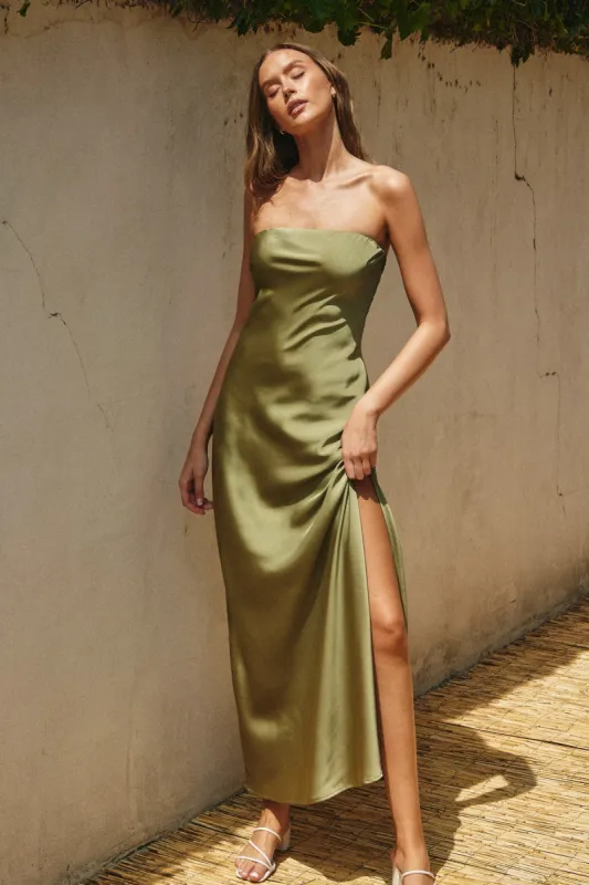Sage Olive Strapless Bias Cut Maxi Dress sold by Pinkblush