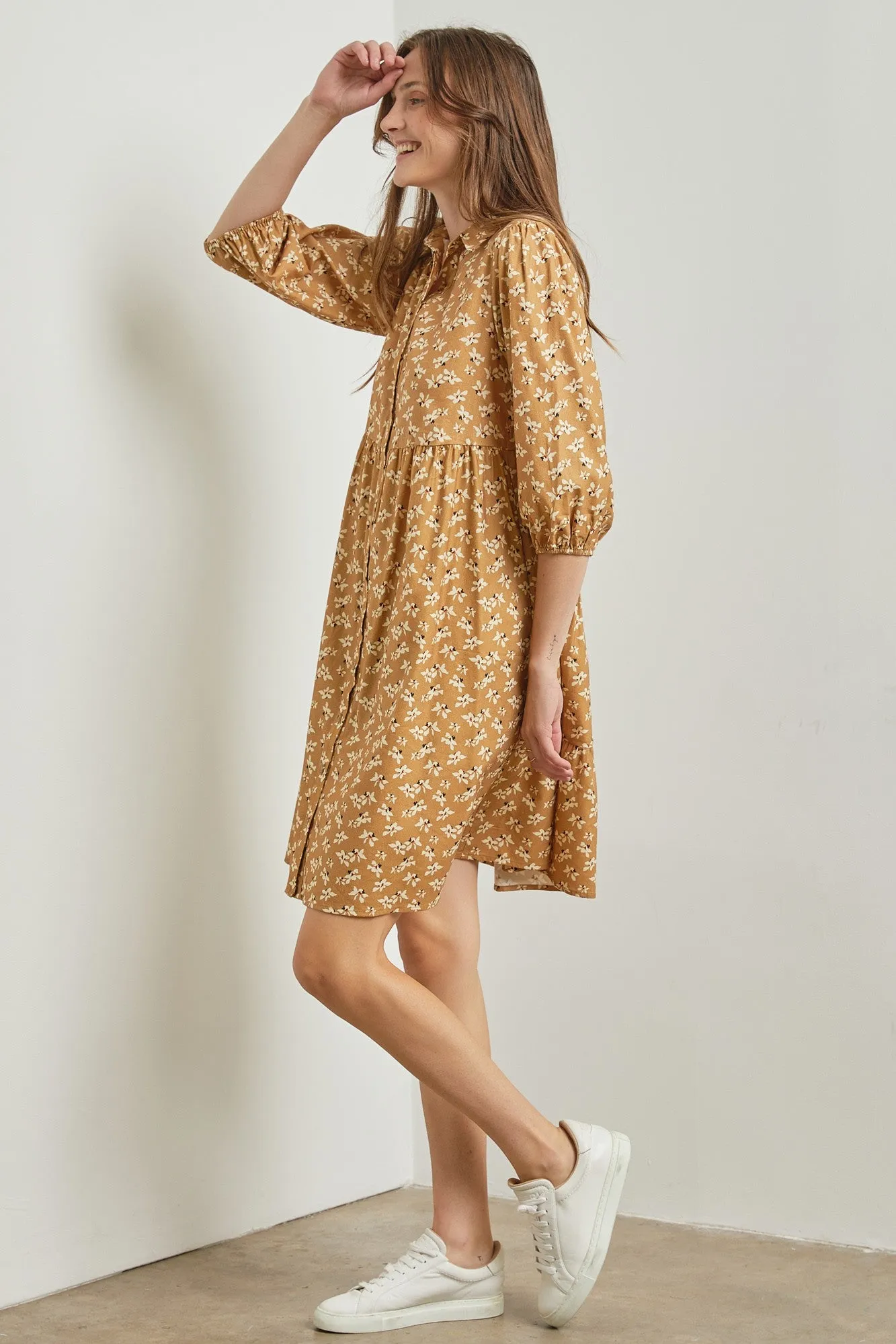 Camel Floral Button Front 3/4 Sleeve Dress sold by Pinkblush product image thumbnail 2
