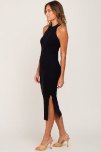 Black Ribbed Sleeveless Side Slit Midi Dress sold by Pinkblush