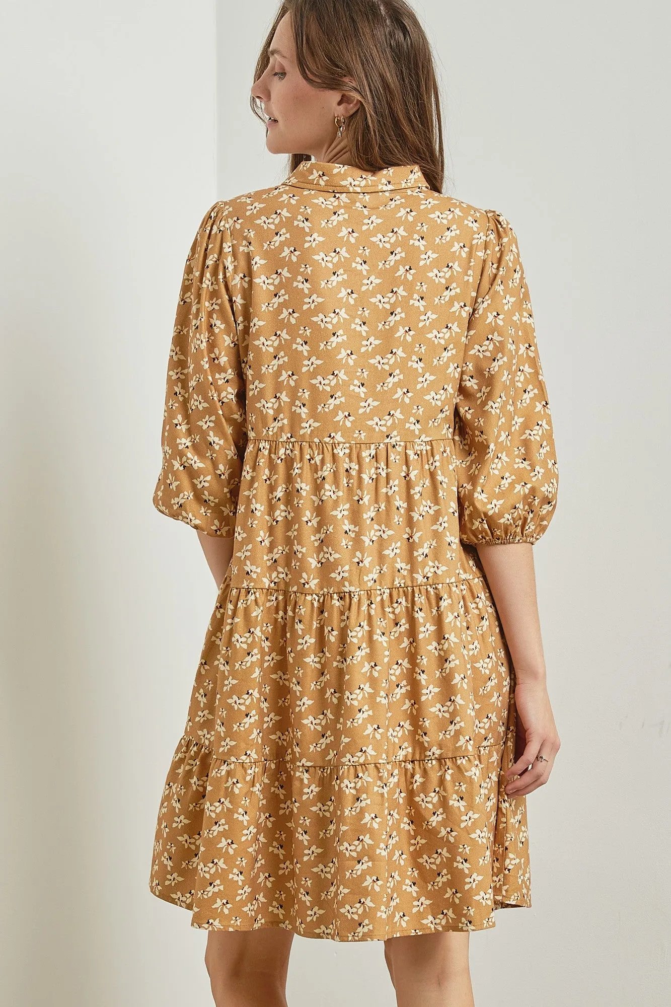 Camel Floral Button Front 3/4 Sleeve Dress sold by Pinkblush product image thumbnail 3
