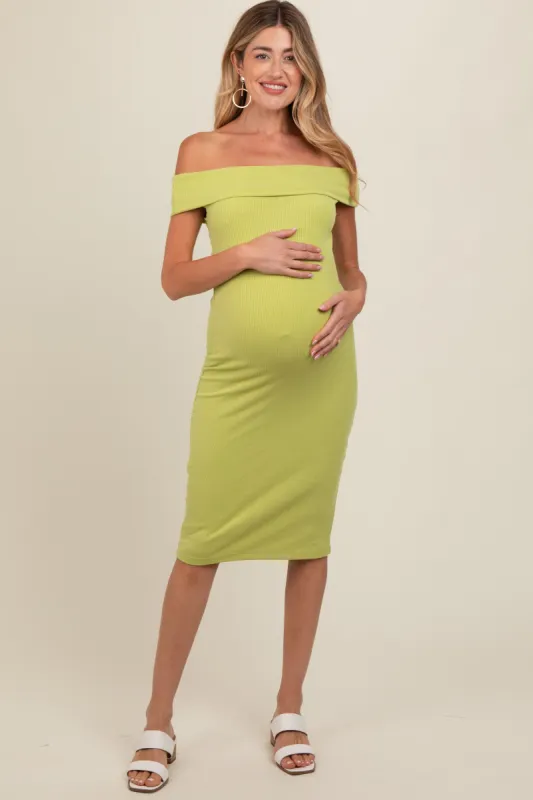 Lime Ribbed Knit Off Shoulder Maternity Midi Dress sold by Pinkblush