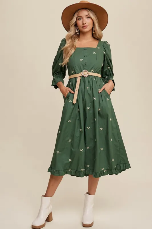 Green Ribbon Embroidered Square Neck Maxi Dress sold by Pinkblush