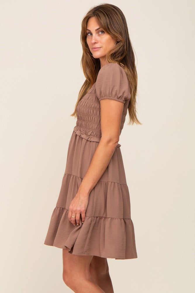 Mocha Smocked Tiered Mini Dress sold by Pinkblush product image thumbnail 2
