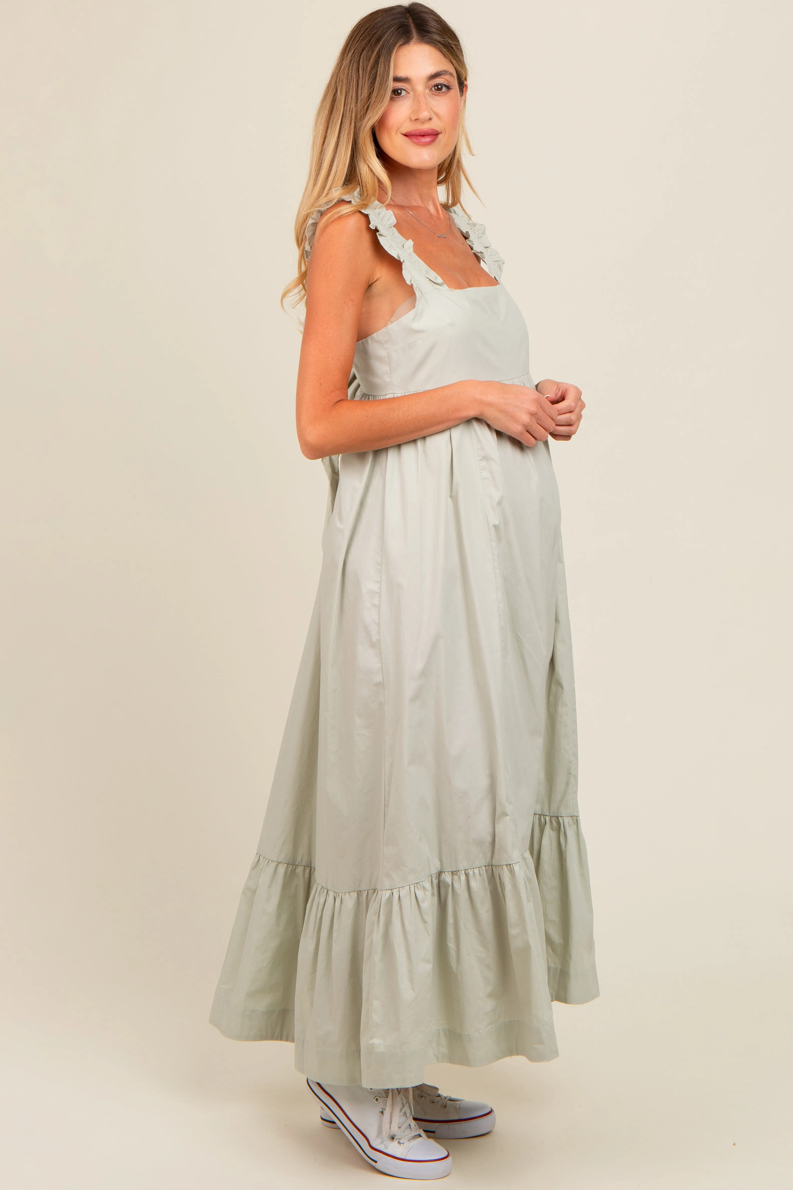 Light Olive Pinafore Cutout Tie Back Maternity Maxi Dress sold by Pinkblush product image thumbnail 2