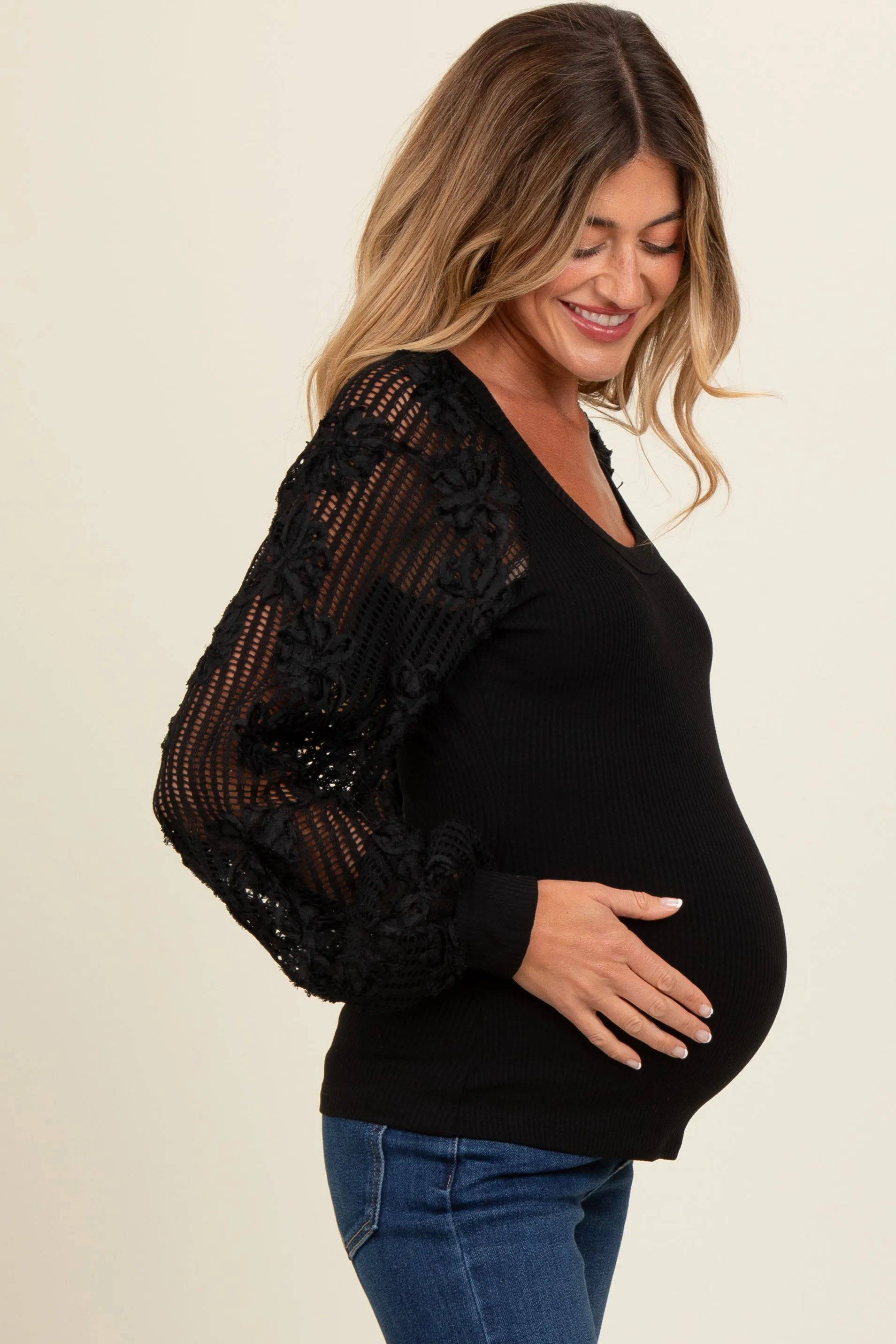 Black Floral Lace Balloon Sleeve Maternity Top sold by Pinkblush product image thumbnail 2