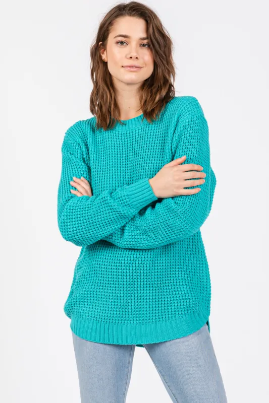 Turquoise Waffle Knit Round Hem Sweater sold by Pinkblush