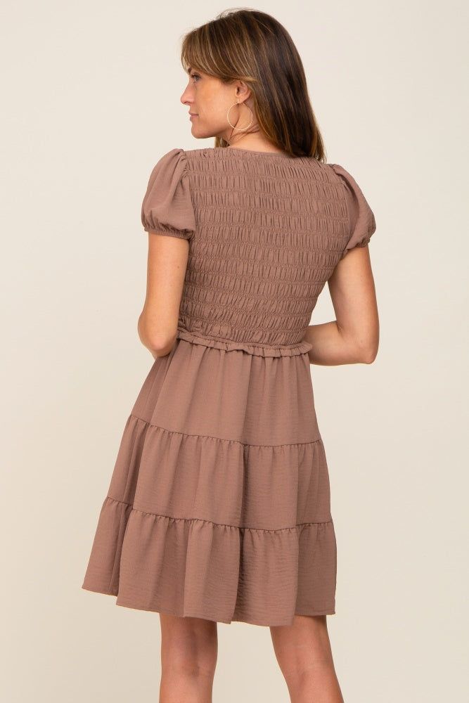 Mocha Smocked Tiered Mini Dress sold by Pinkblush product image thumbnail 3