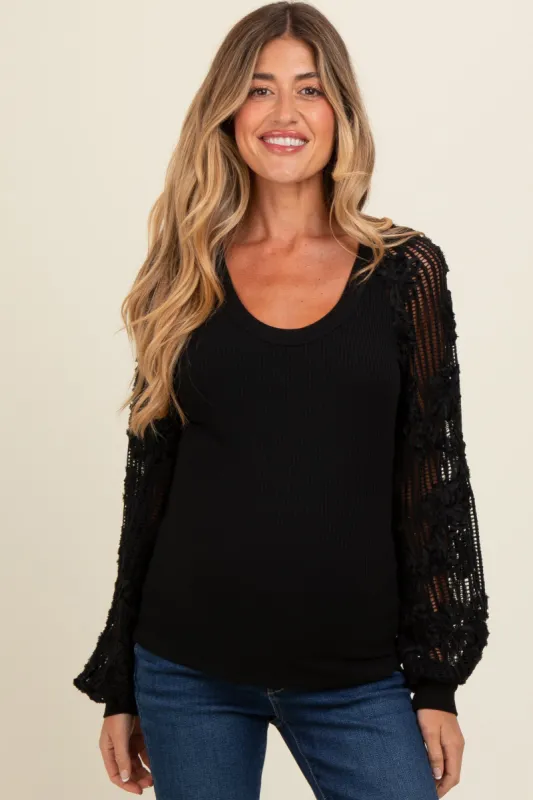 Black Floral Lace Balloon Sleeve Maternity Top sold by Pinkblush