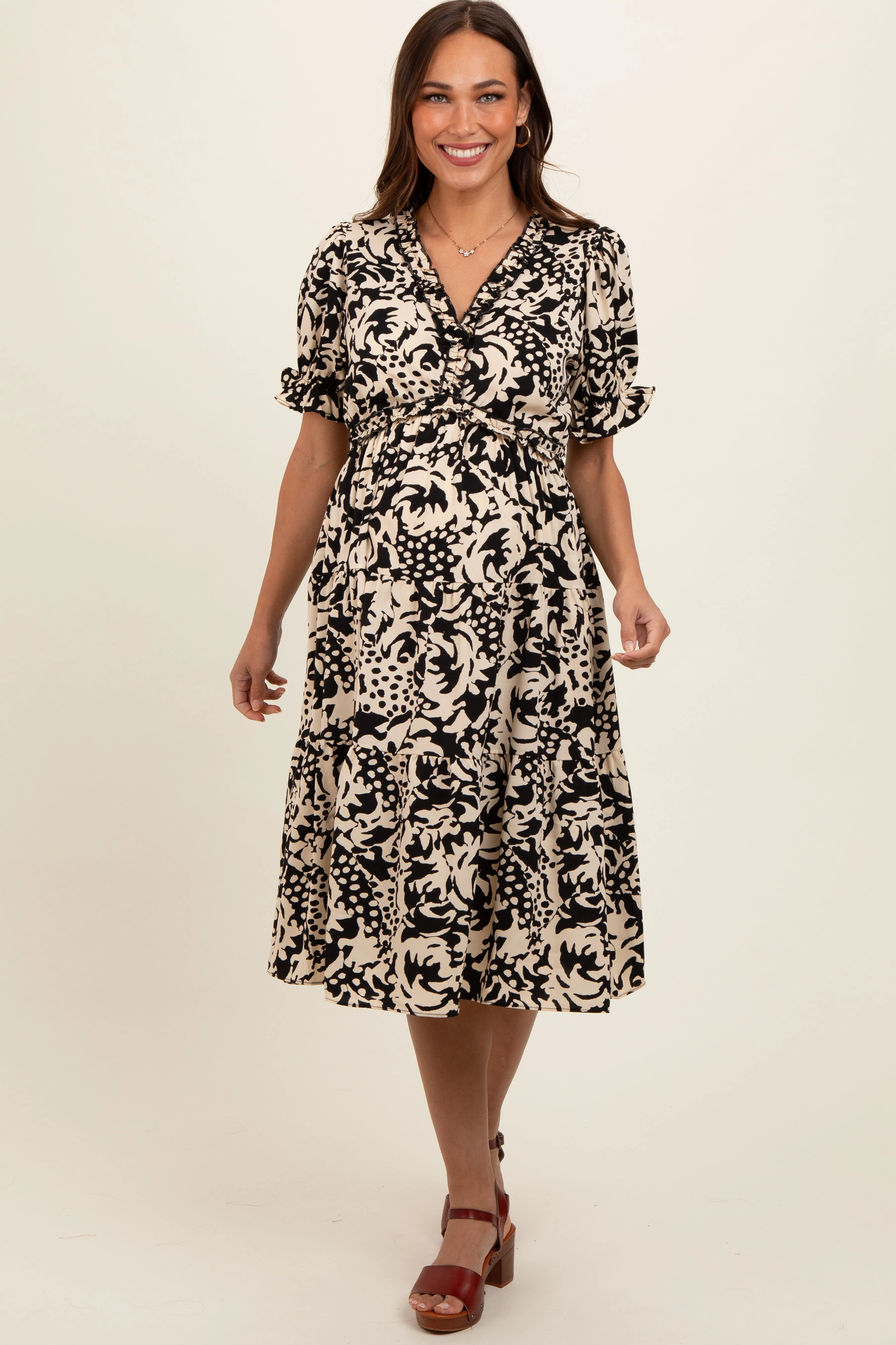 Black Ruffle Trim Tiered Maternity Dress sold by Pinkblush