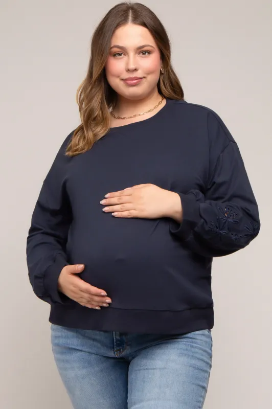 Navy Embroidered Long Sleeve Plus Maternity Top sold by Pinkblush
