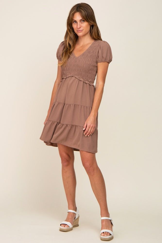 Mocha Smocked Tiered Mini Dress sold by Pinkblush product image thumbnail 4