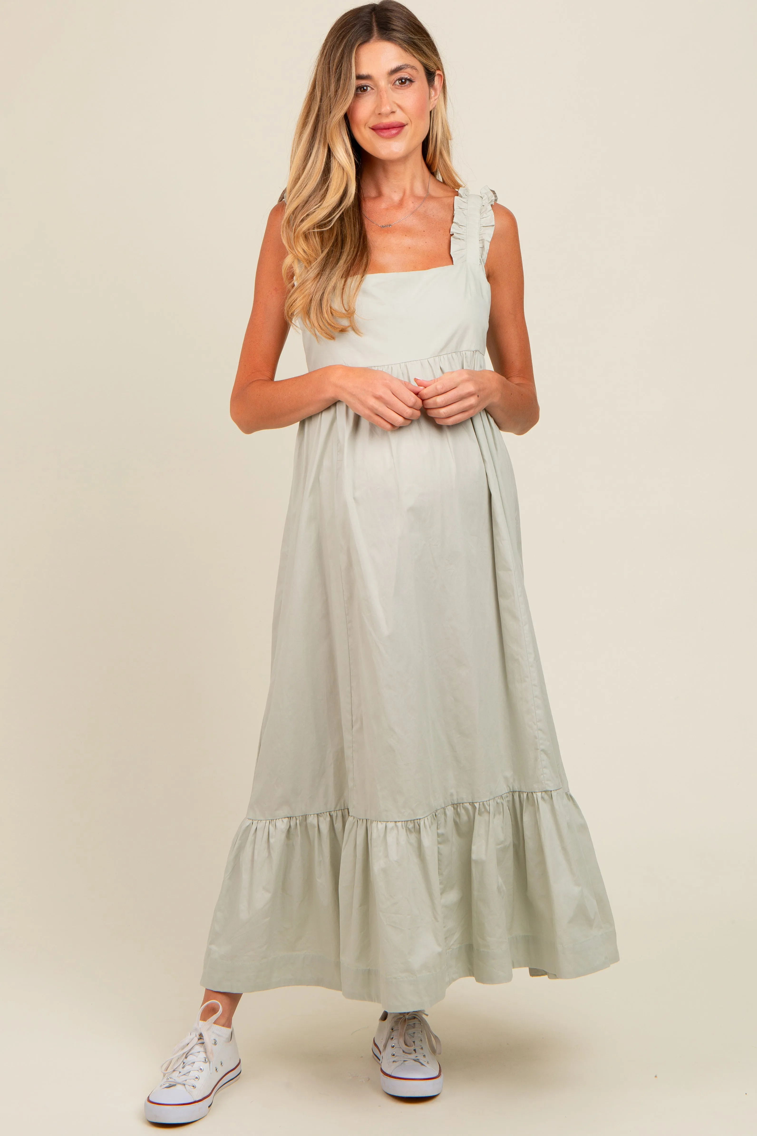 Light Olive Pinafore Cutout Tie Back Maternity Maxi Dress sold by Pinkblush