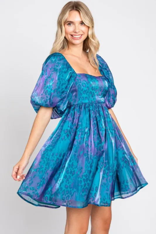 Teal Leopard Print Puff Sleeve Dress sold by Pinkblush