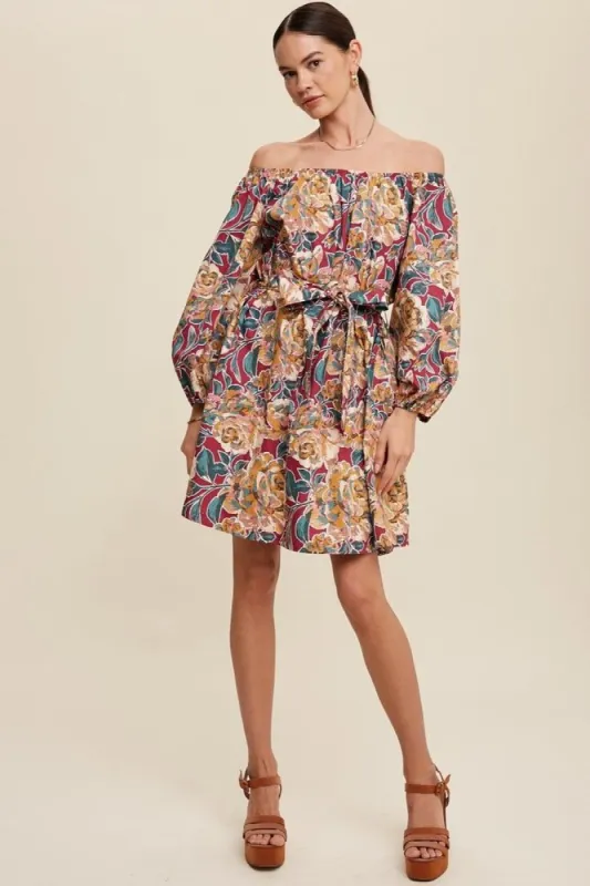 Magenta Floral Print Scoop Neck Puff Sleeve Mini Dress sold by Pinkblush