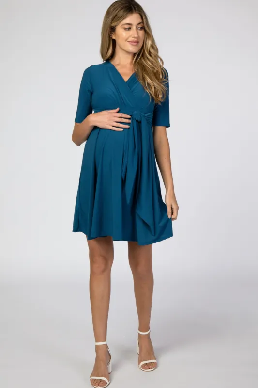 Teal Waist Tie Maternity Nursing Dress sold by Pinkblush