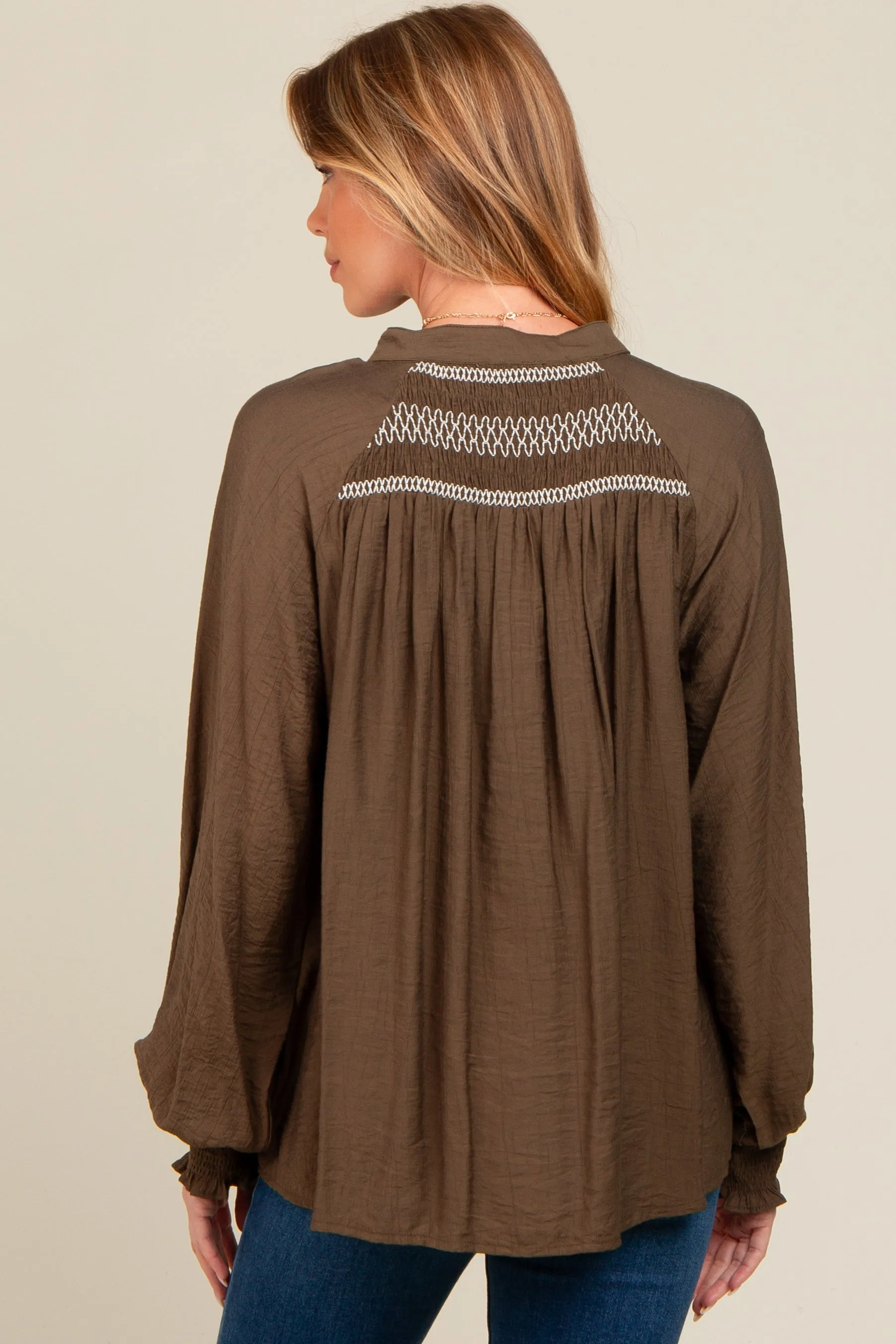 Olive Embroidered Smocked Maternity Blouse sold by Pinkblush product image thumbnail 3