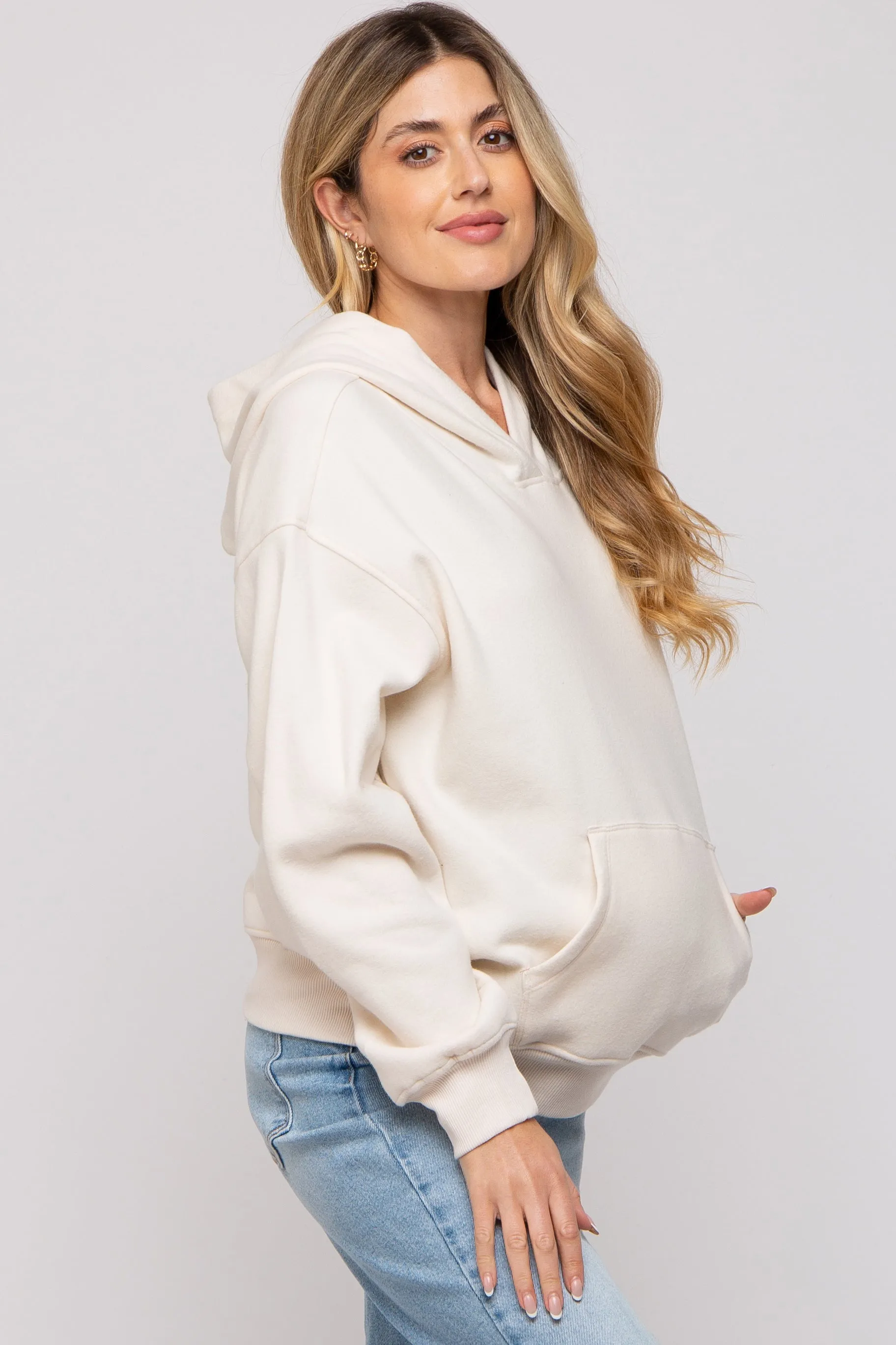 Cream Front Pocket Hooded Fleece Maternity Sweatshirt sold by Pinkblush product image thumbnail 2