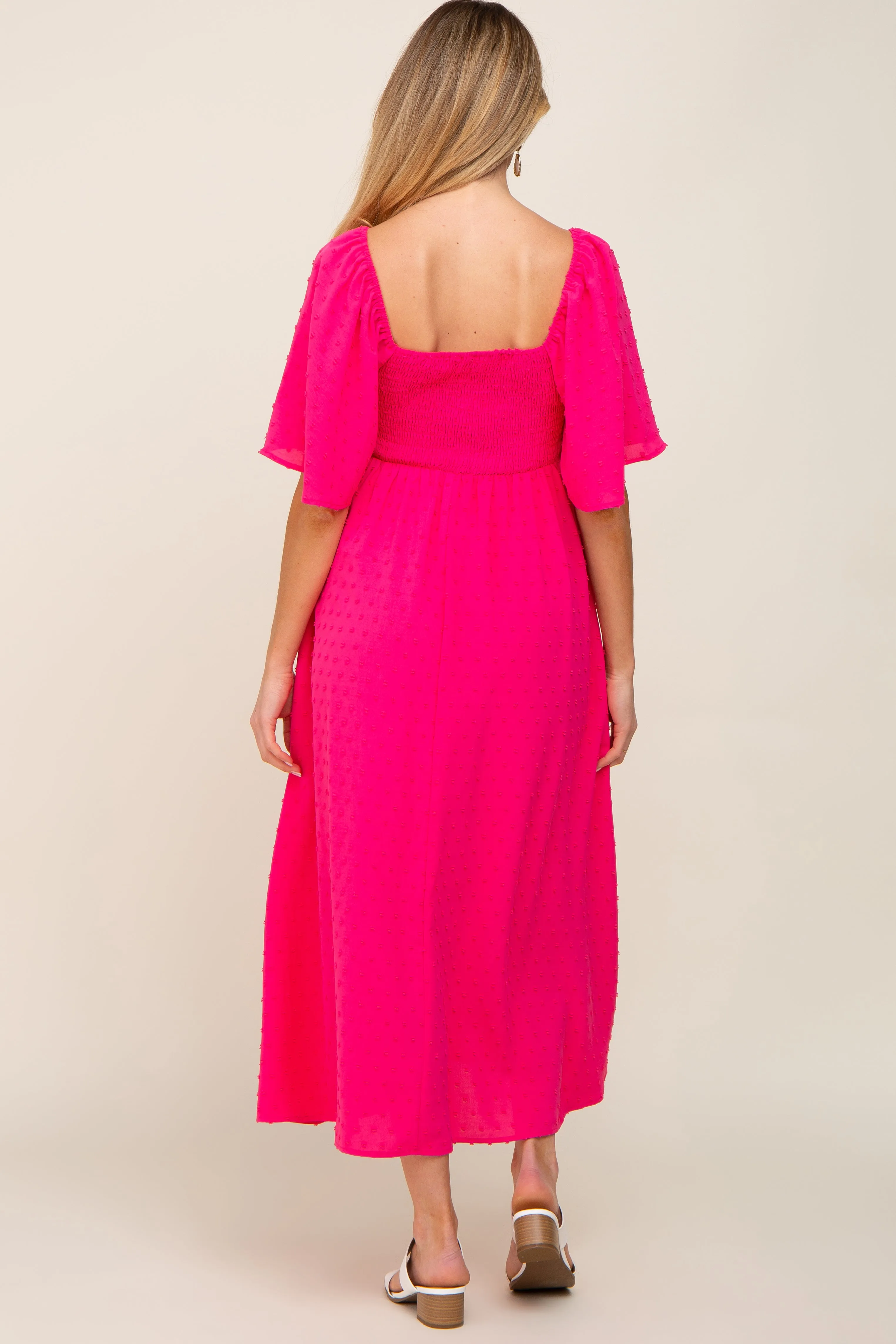 Fuchsia Textured Dot Front Tie Ruffle Sleeve Maternity Midi Dress sold by Pinkblush product image thumbnail 3