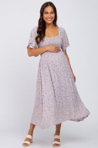 Lavender Floral Smocked Maternity Midi Dress sold by Pinkblush