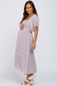 Lavender Floral Smocked Maternity Midi Dress sold by Pinkblush
