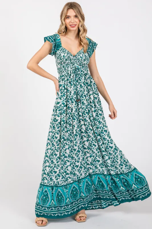 Green Floral Off Shoulder Smocked Maxi Dress sold by Pinkblush