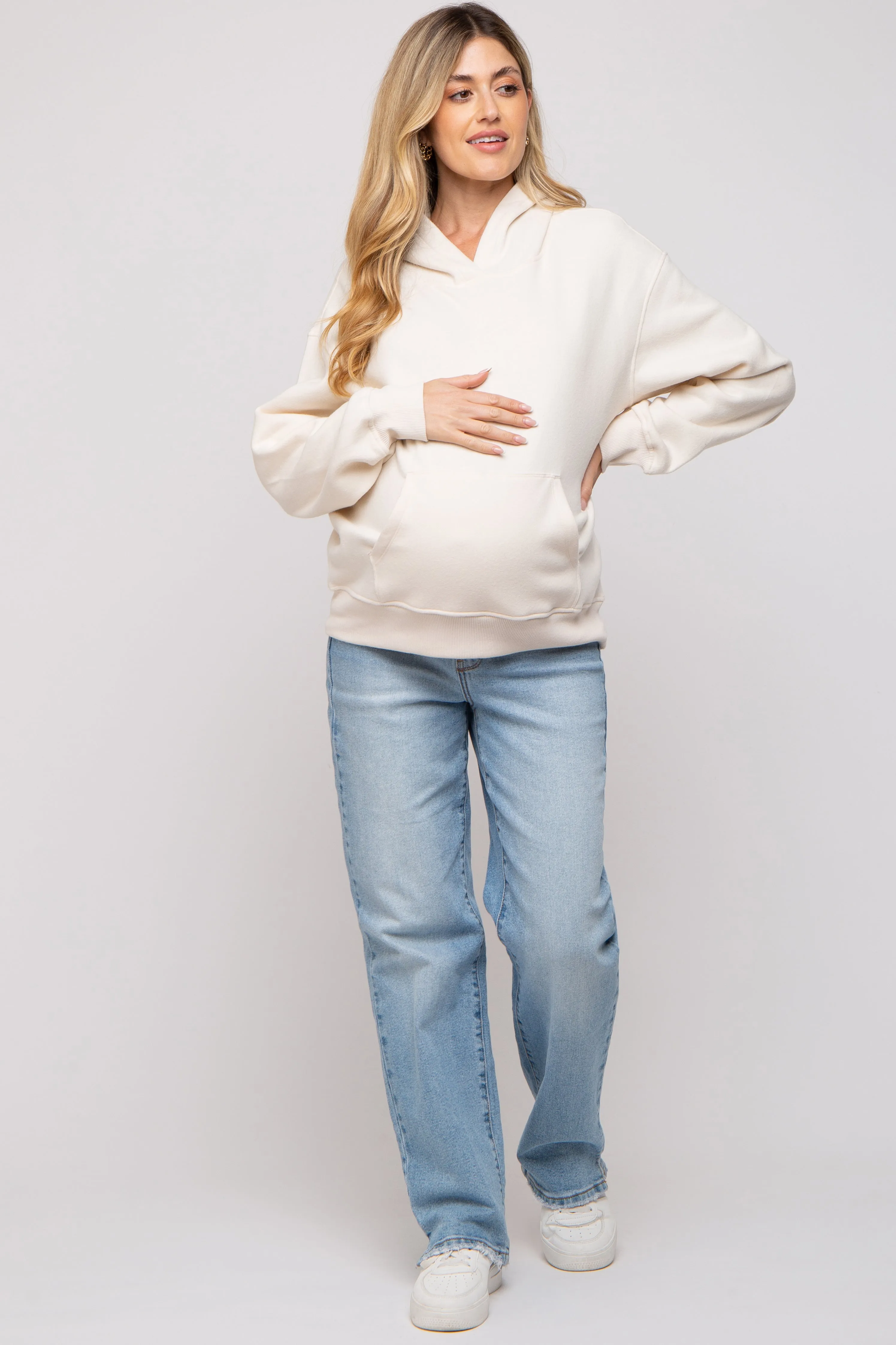Cream Front Pocket Hooded Fleece Maternity Sweatshirt sold by Pinkblush product image thumbnail 4