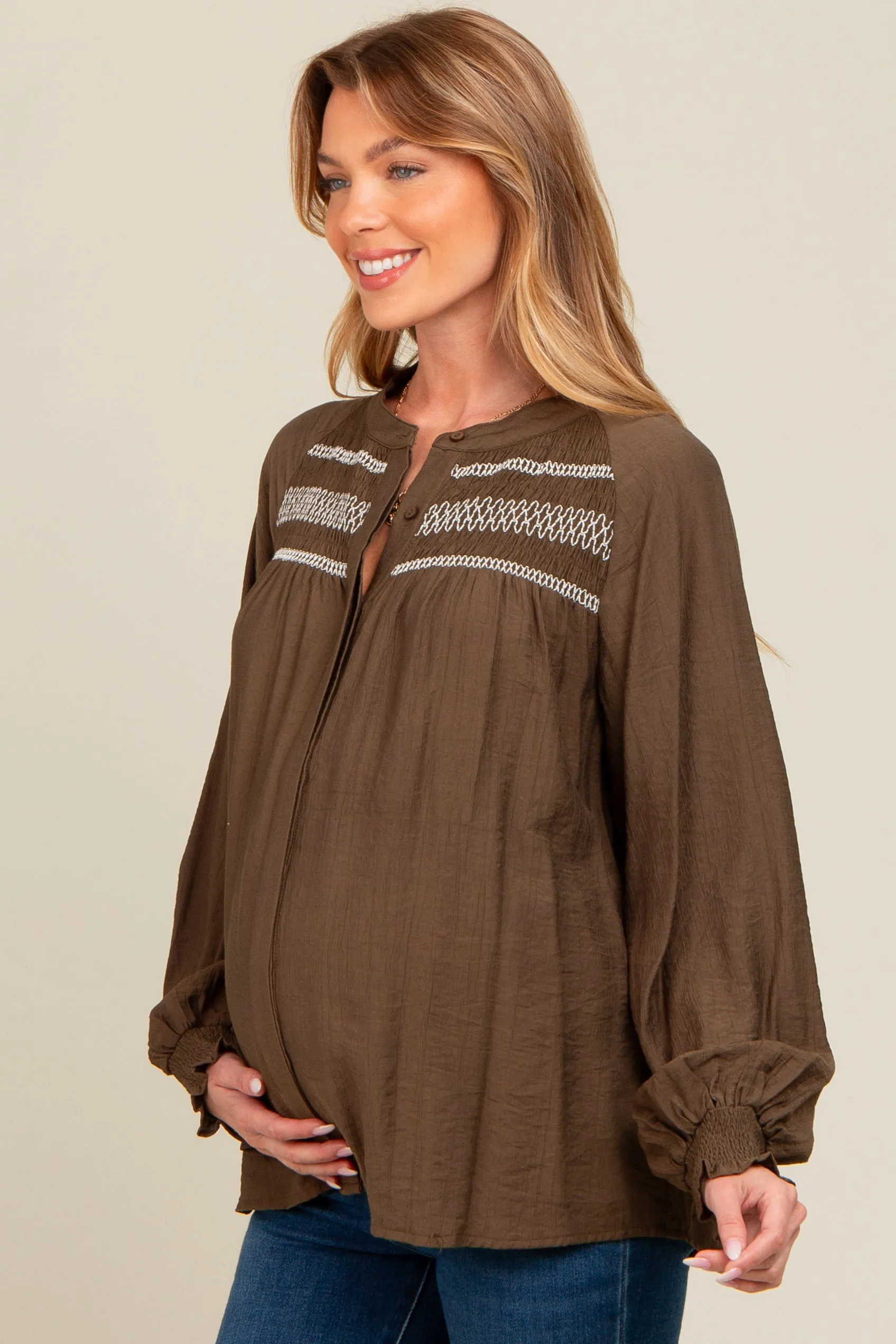 Olive Embroidered Smocked Maternity Blouse sold by Pinkblush product image thumbnail 2