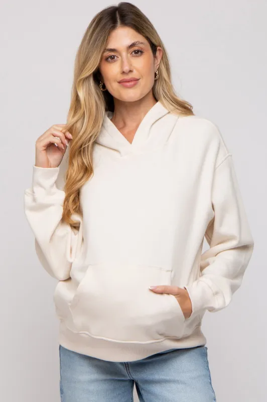 Cream Front Pocket Hooded Fleece Maternity Sweatshirt sold by Pinkblush