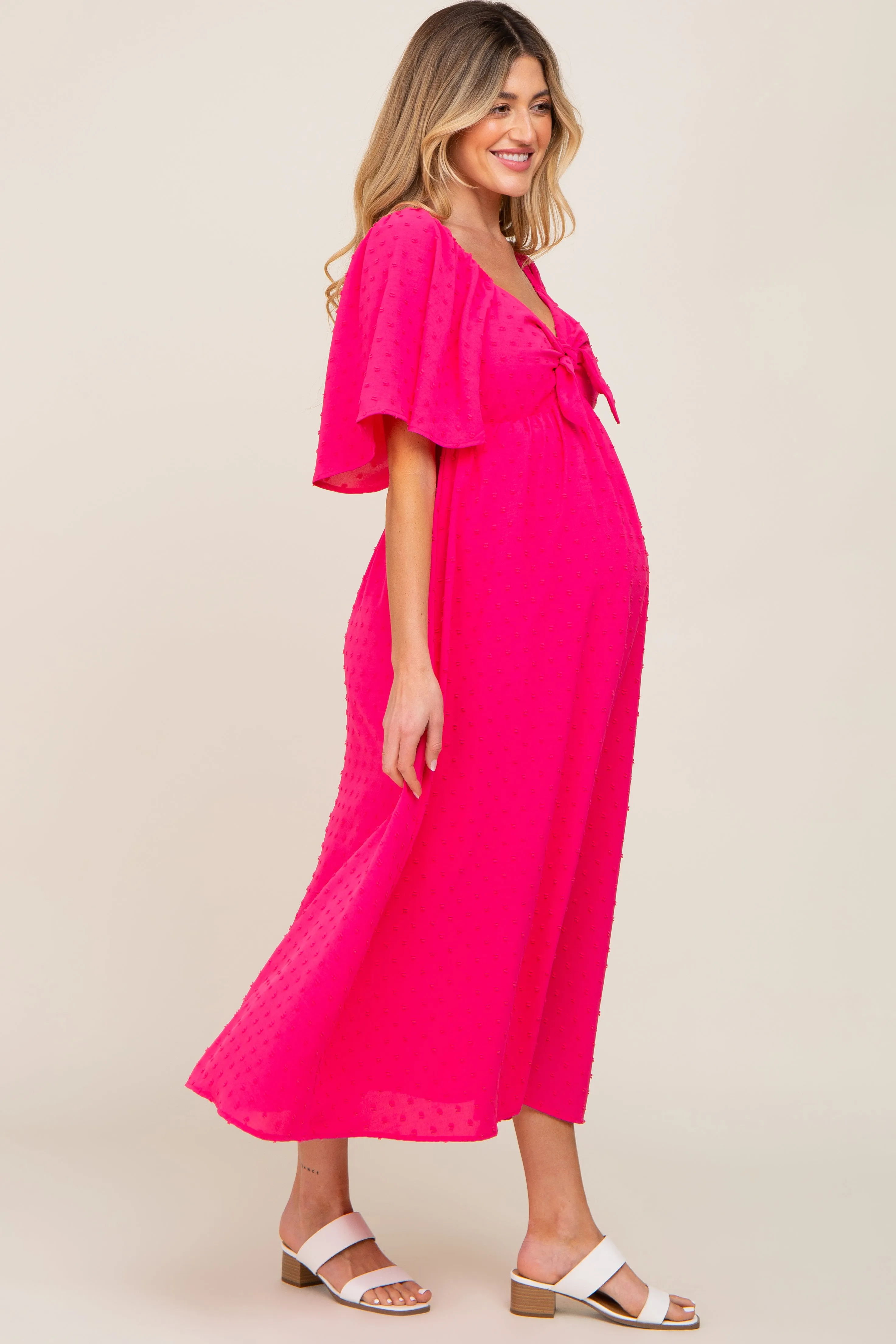 Fuchsia Textured Dot Front Tie Ruffle Sleeve Maternity Midi Dress sold by Pinkblush product image thumbnail 2